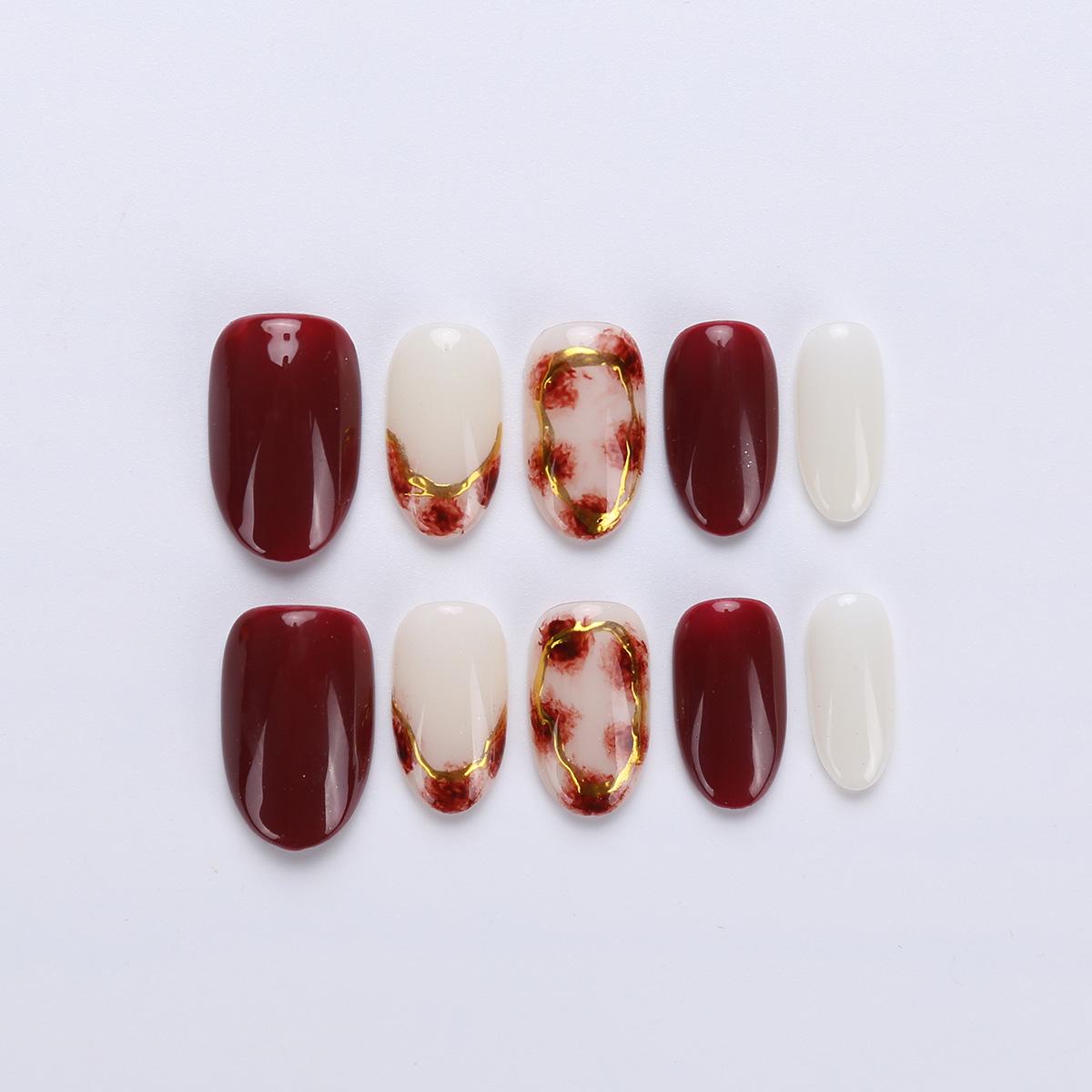 Wine Red Gradient Leopard Print Gold Foil Handmade Nail Art Whitening Removable Oval Tips Medium