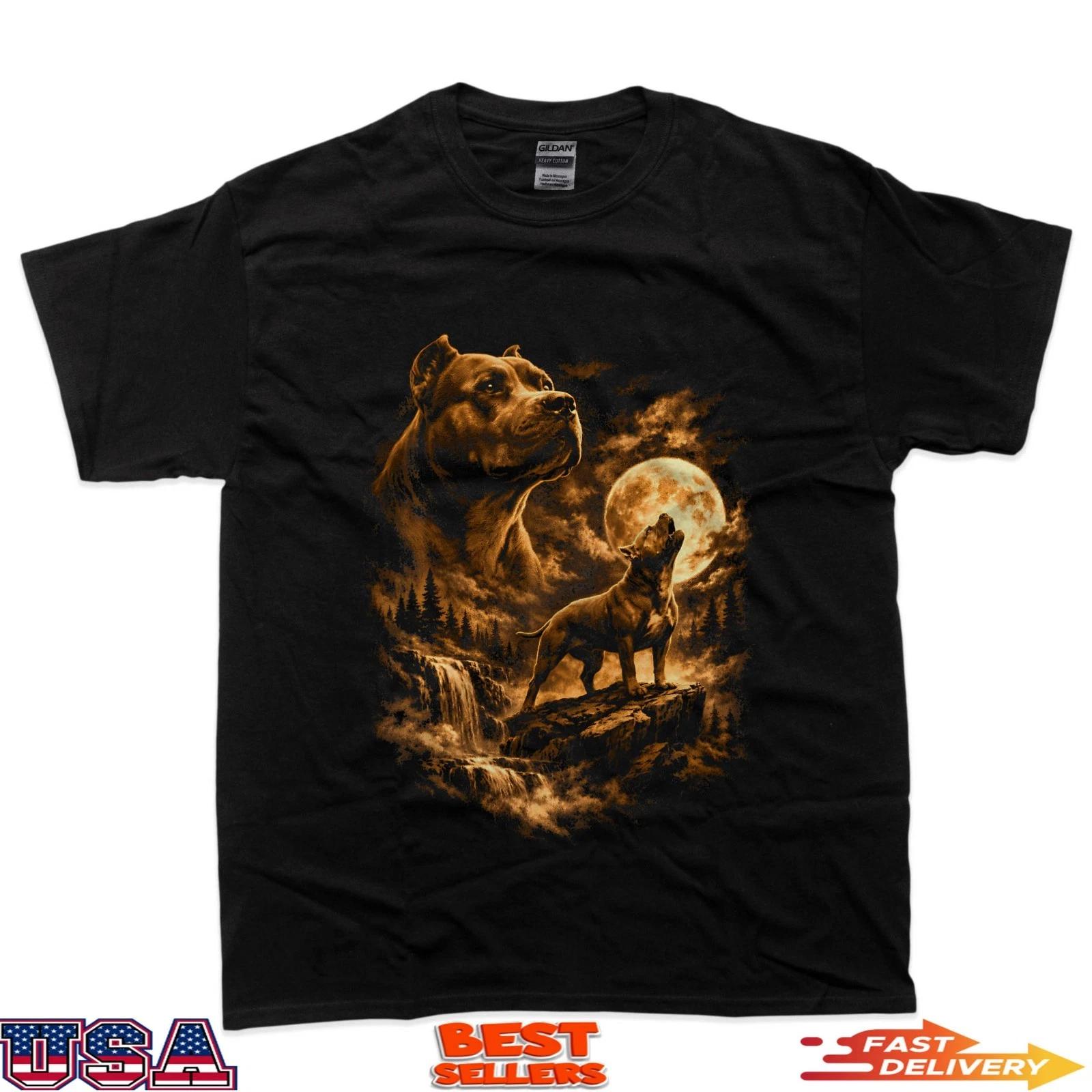 Pit Bull Howling Moon Pittie Dog Fantasy Forrest Wilderness T-Shirt 2XL