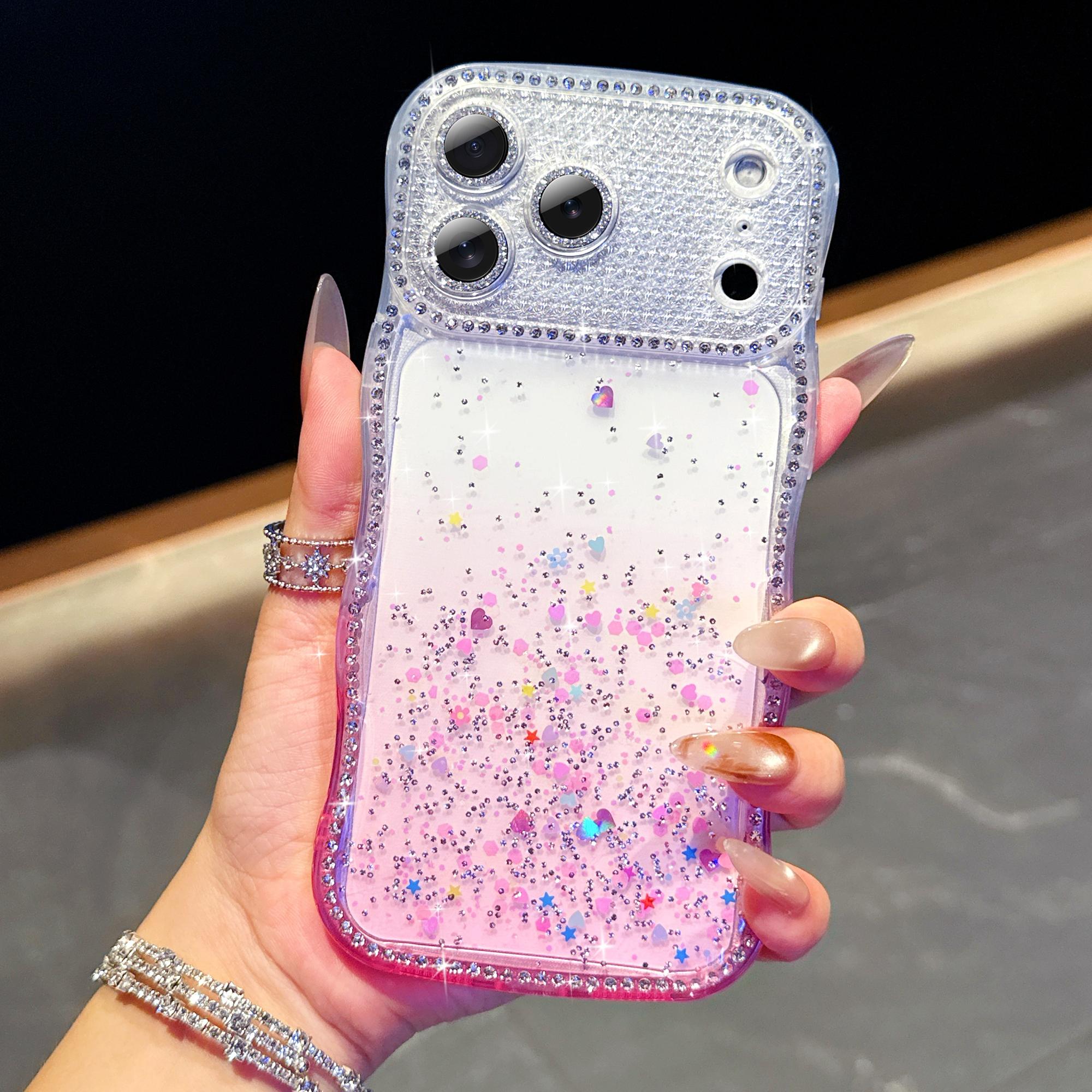 For iPhone 17 Pro Case Glitter Epoxy Design TPU Protective Case with Sparkly Rhinestone Decor Wave Frame