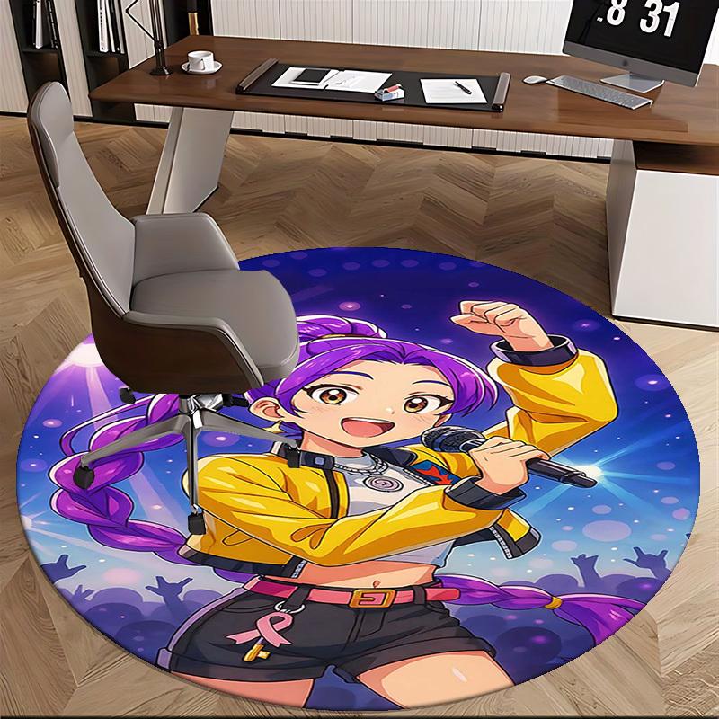 1pc Anime Design Round Carpet - Office Chair Mat with Purple Braid and Pink Ribbon Print, Suitable for Home Decor, Gaming Room