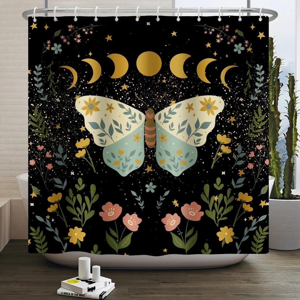 Moth Shower Curtain Moon Phase Butterfly Mushroom Psychedelic Tarot Gothic Shower Curtain for Bathroom Waterproof Bath Curtain