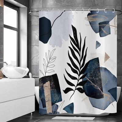 Cortina de ducha bohemia, azul marino, negro, hojas geométricas modernas, cortina de baño con ganchos, cortina de ducha de planta estética minimalista para baño