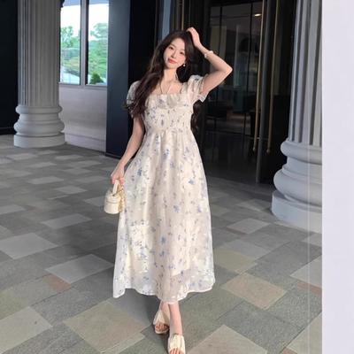 Floral Dress Women's Bubble Long Dress Summer French Waist Gentle Sweet Vacation First Love Skirt Super Fairy