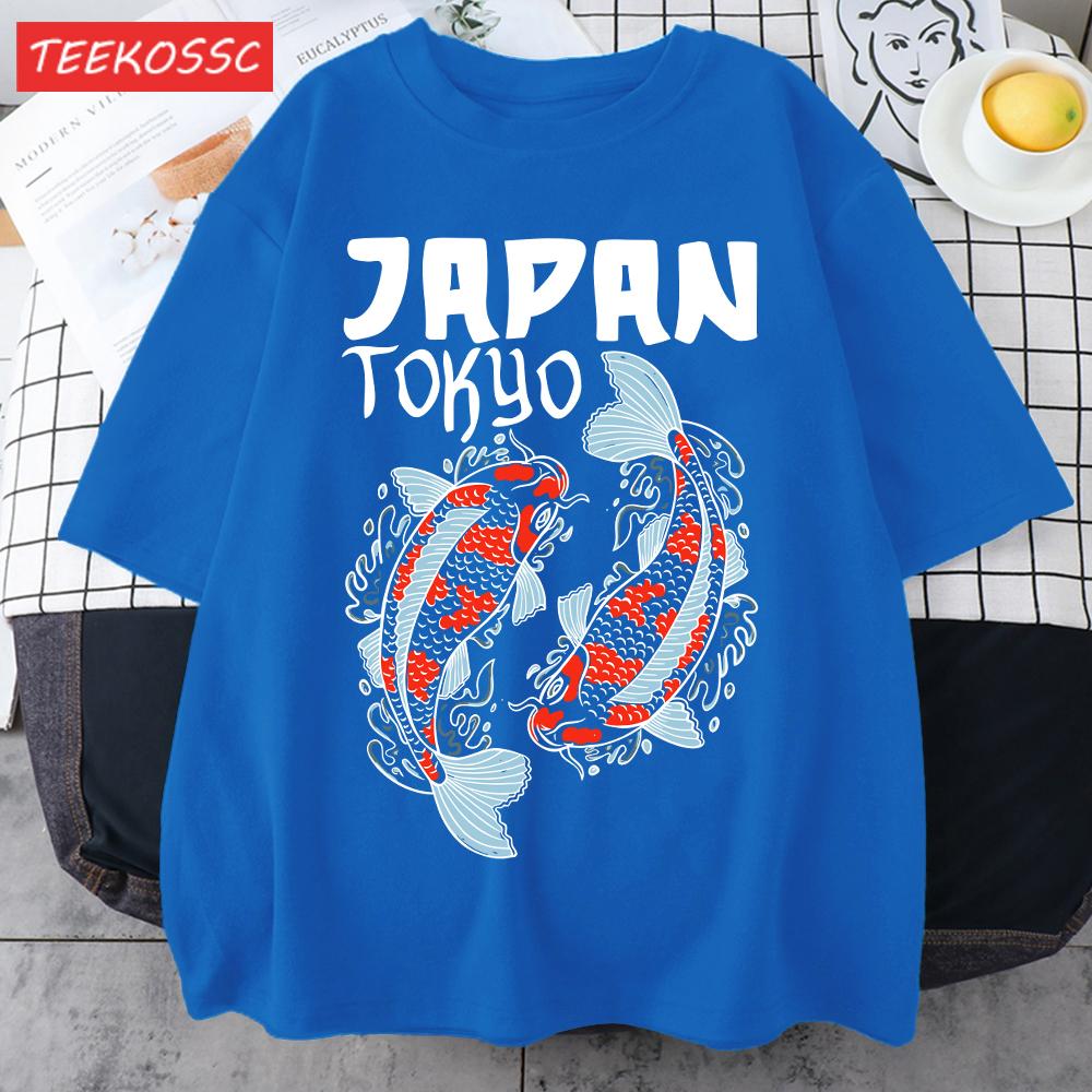 Harajuku Japan Tokyo Koi Print Man TShirt Summer New Loose Short Sleeve ONeck Cotton T Shirts Trendy Unisex AllMatch Clothes
