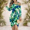 Women Plus Size One Shoulder Chain Strap Long Sleeve Green Blue Printed Bodycon Asymmetrical Hem Dress