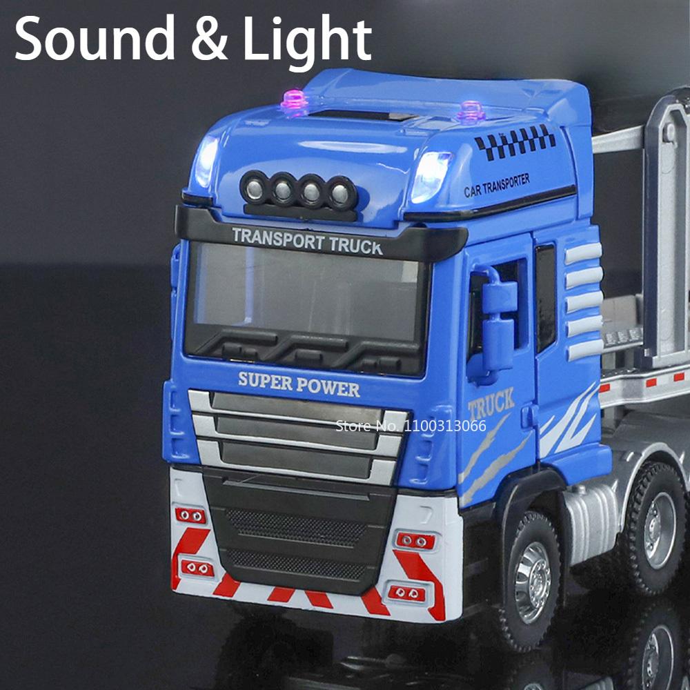 1:48 Alloy Diecast Car Carrier Model Toys Miniature Cars Double Decker Light Sound Trailer Transport Vehicle Boys Birthday Gifts