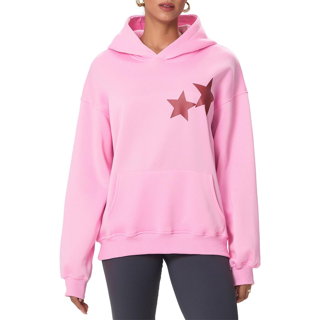 Women's Fall Fashion Hoodies Star Print Long Sleeve Hood Loose Fit Fleece Sweatshirt