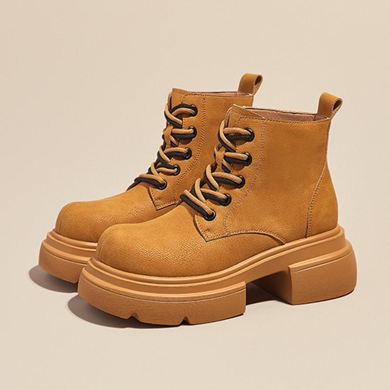 Women's Ankle Boots and Short Boots Thick-soled Casual Yellow Women Boots Plus Size Lace-up Motorcycle Boots Female