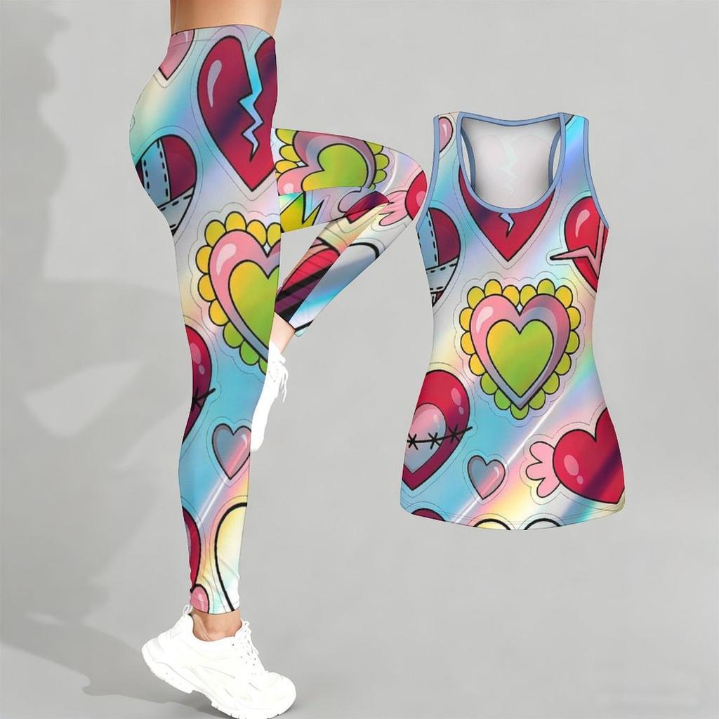 Completo Yoga Stampato con Motivo a Cuori per Donna Moda Leggings da Allenamento Fitness Sportivo Set Yoga Casual Tuta Sportiva