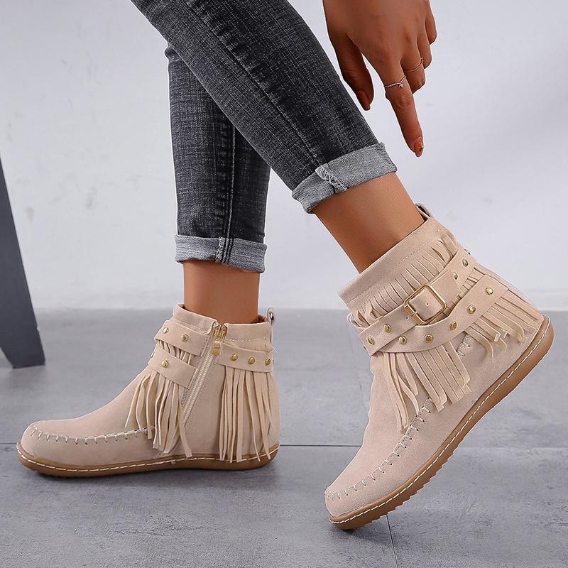 Women's Fashion Retro Boots Winter Ankle Boots Flat Boots Tassel Ladies Boots Plus Size 35-43