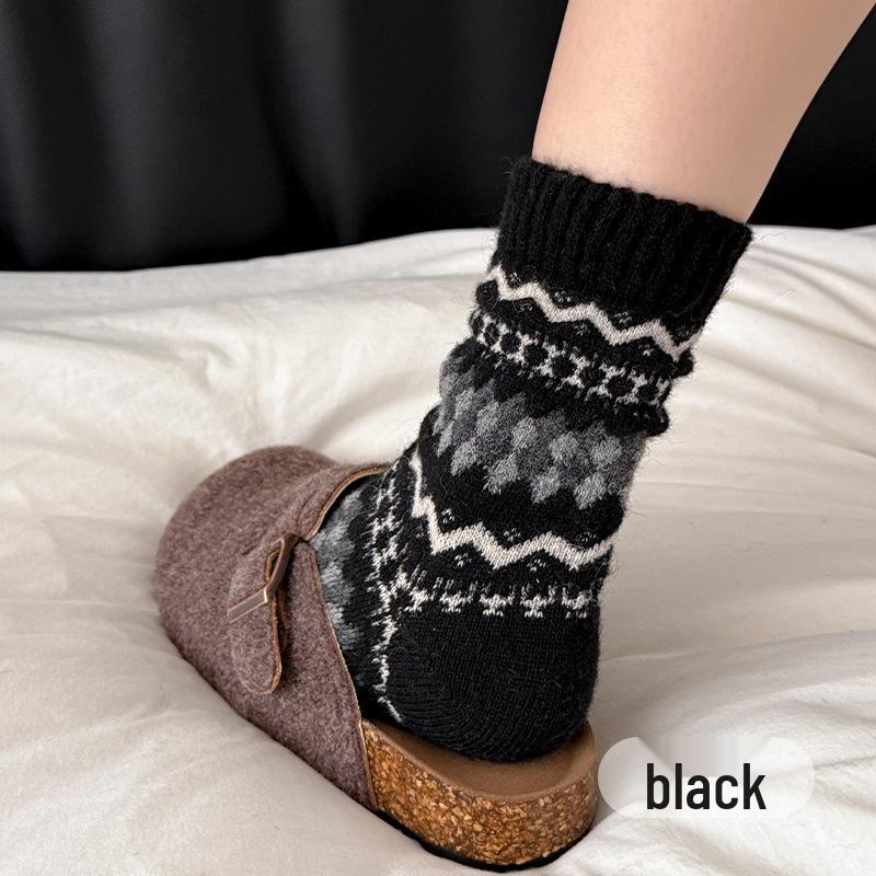 Damen Vintage Fair Isle Wollsocken, Verdickt Warm Wadenlang, Herbst Winter, Kaffeefarben, Kniehoch.