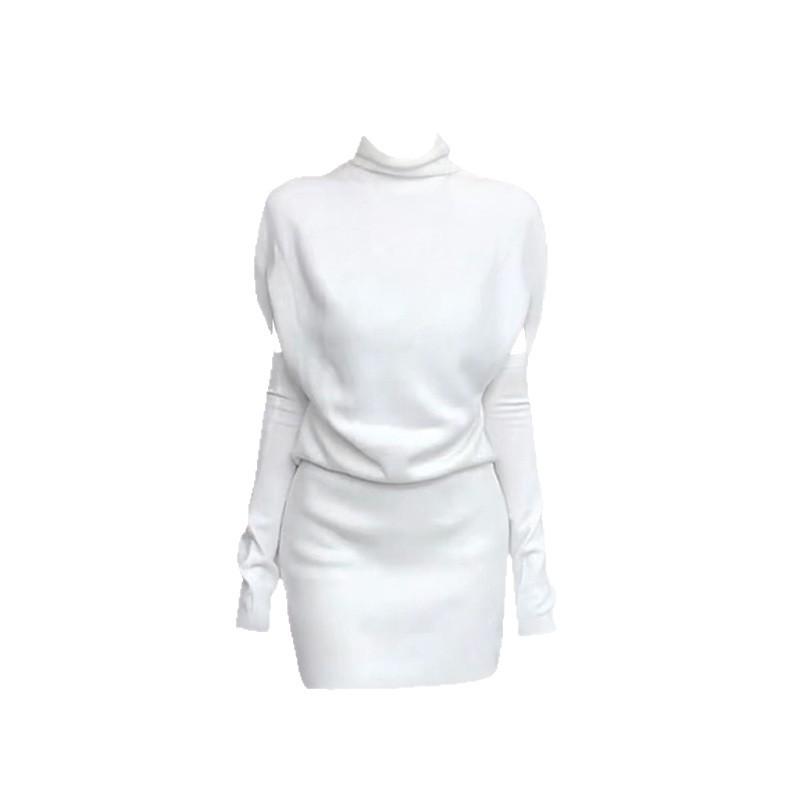 Korean-Style Elegant High Neck Knit Dress, Waist-Cinched Slimming Skirt, Long Sleeve, Autumn/Winter L