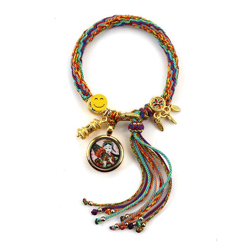 Woven Zhakiram Five Wealth Gods Eye Bracelet with Green Tara and Manjushri Thangka Design