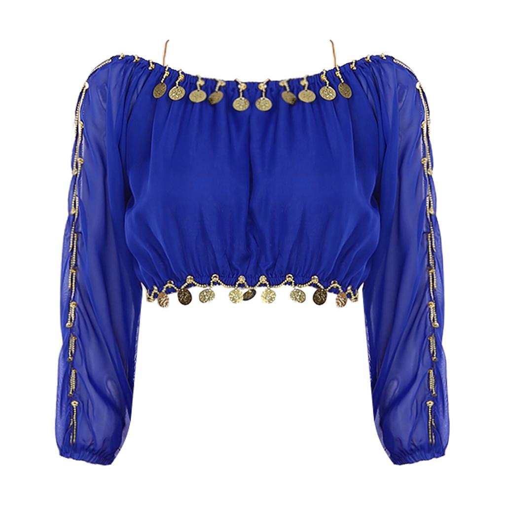 Womens Sequined Beaded Belly Dance Crop Top Long Puff Sleeve Split Halloween Party Costume