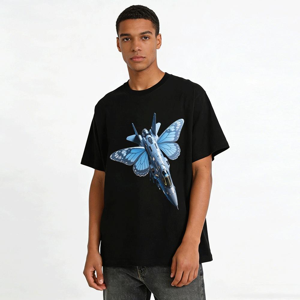 Cyber Butterfly Fighter Jet Print Trendy Cool Casual Short Sleeve Top Pure Cotton T-shirt
