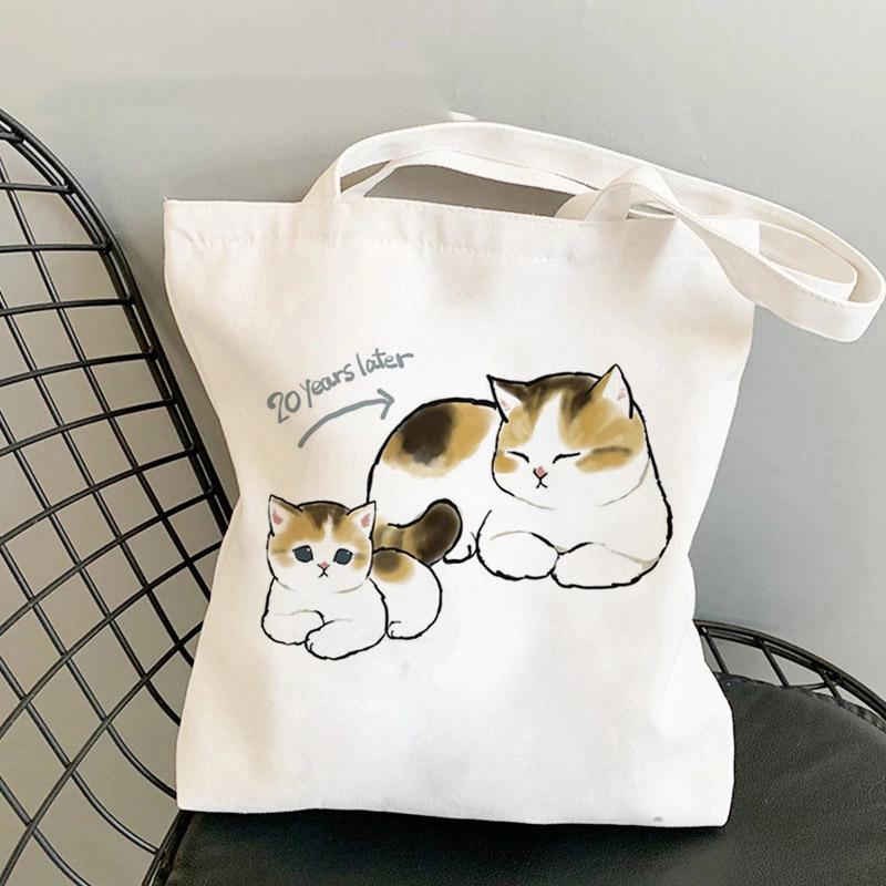 Whimsical Cat On Bicycle Canvas Shoulder Tote - Cute Print for Students and Shopping