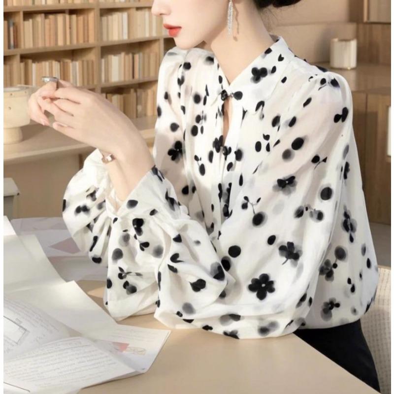 Women Casual Loose Long Sleeve Printed Color Block Stand Collar Shirt S