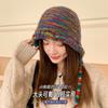 Autumn and Winter Rainbow Color Striped Ear Protector Wool Hat Women's Face Small Lace-up Contrasting Color Bag Head Knitted Hat