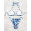 Blue and White Porcelain Print Triangle Bikini Set Scalloped Edge Two Piece Swimsuit