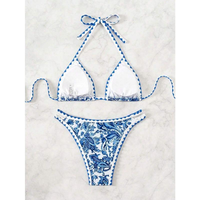 Blue and White Porcelain Print Triangle Bikini Set Scalloped Edge Two Piece Swimsuit