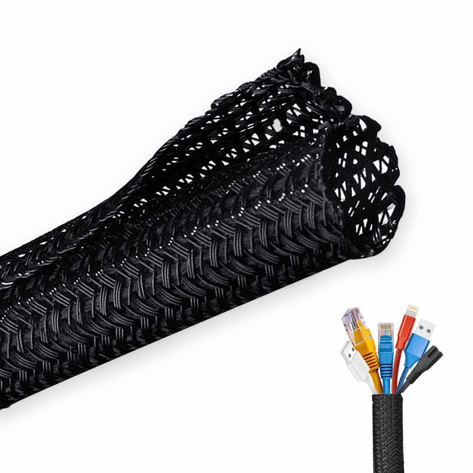 

Josnown Cable Cover, Organize Cables, Hide Messy Wires, Braided Wire Jacket, 6m Long, Expandable Diameter, Holds 3-5 Wires, Black