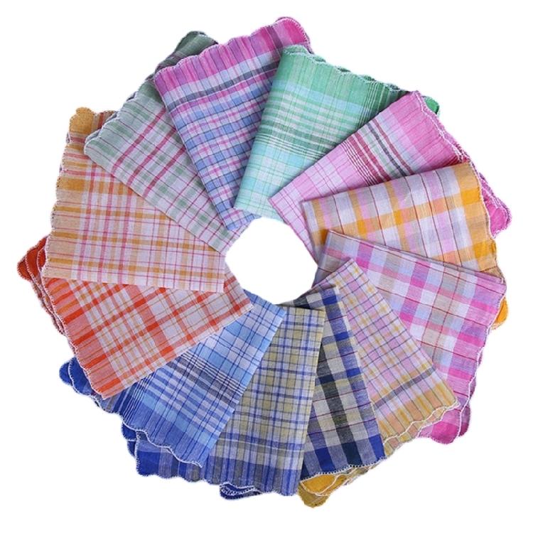 Womens Fashionable Scalloped Edge Checkered Handkerchief Soft Absorbent Cotton Fabric Pocket Square Portable Hankies Set