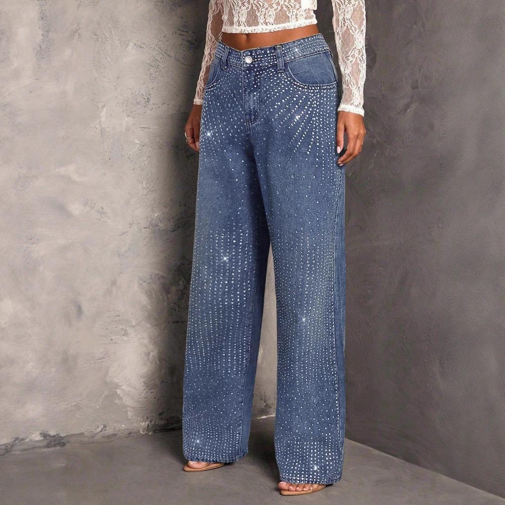 Jeans Rectos de Tiro Medio para Mujer con Pedrería, Alta Elasticidad, Corte Holgado, Denim Lavado Brillante, Pantalones Largos