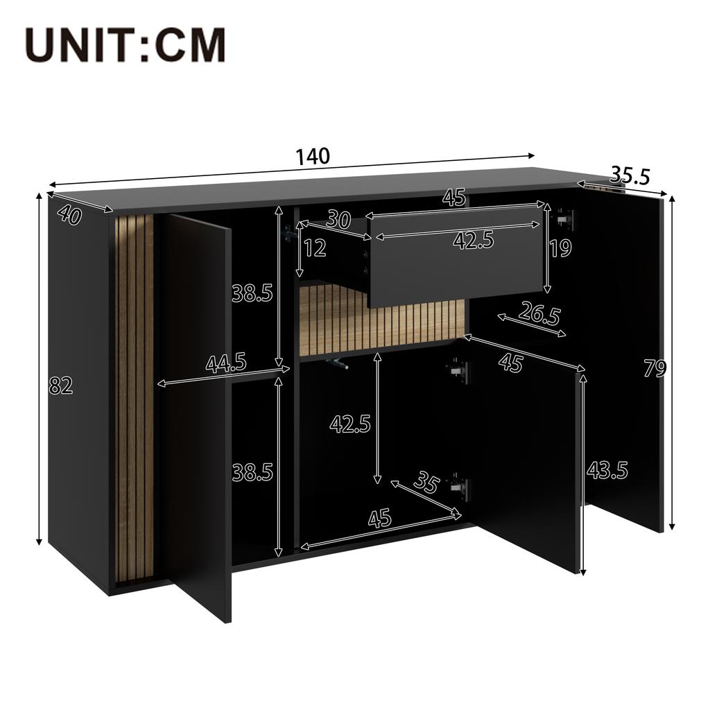 Sideboard/chest of Drawers, with 3 Doors, 1 Drawer and Adjustable LED Lighting – In Black with Natural Wood Grain, 140×40×82cm