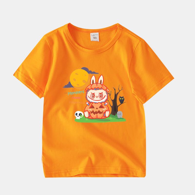 LABUBU Children's Short-sleeved T-shirt, 8 Colors, Comfortable T-shirt for Girls, Cute Cartoon Style,Halloween pumpkin LABUBU, Round Neck Top for Kids