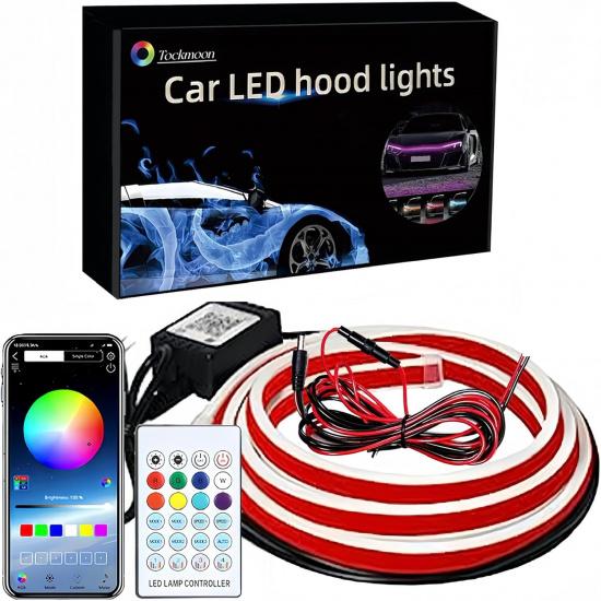 LED světla na kapotu auta, vícebarevná, 120 režimů (70 palců) 12V, Pás denního svícení pro kryt motoru, Vícebarevná neónová sada světel pro kapotu auta