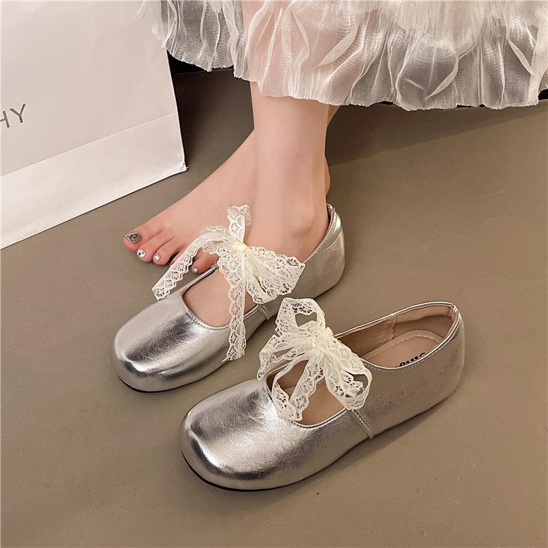 French lace shoelaces single shoes women's outer wear 2025 autumn new flat lace bow Mary Jane single shoes