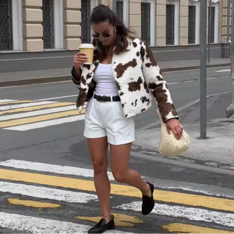 Womens French Style Irregular Animal Print Short Jacket Street Fashion Button Front Coat