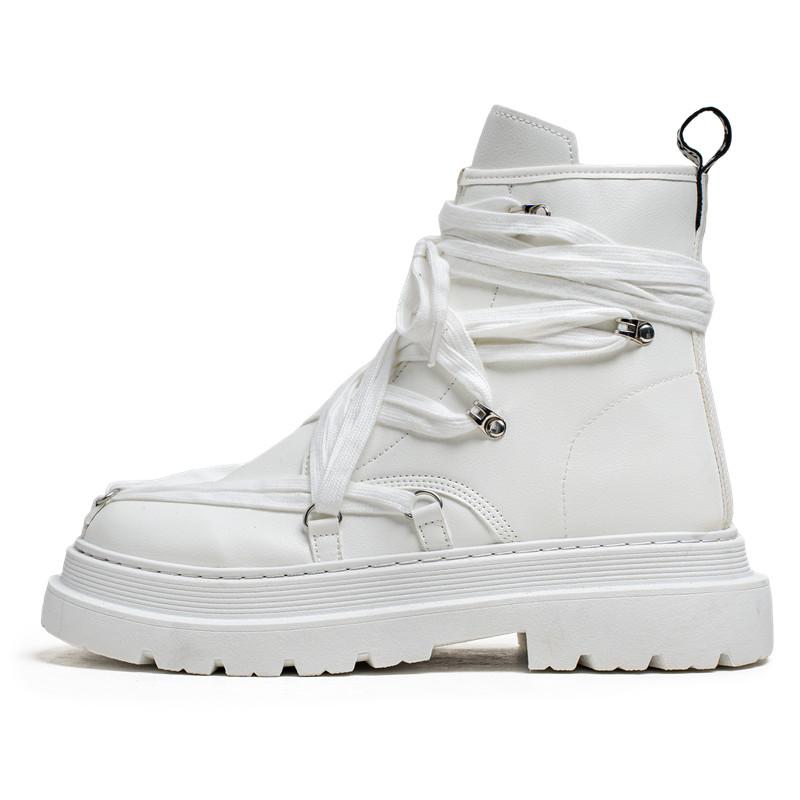 New Fashion Motorcycle Boots Men Strap Designer Men's White Boots Streetwear Platform Shoes Men Black Leather Short Barrel Boots