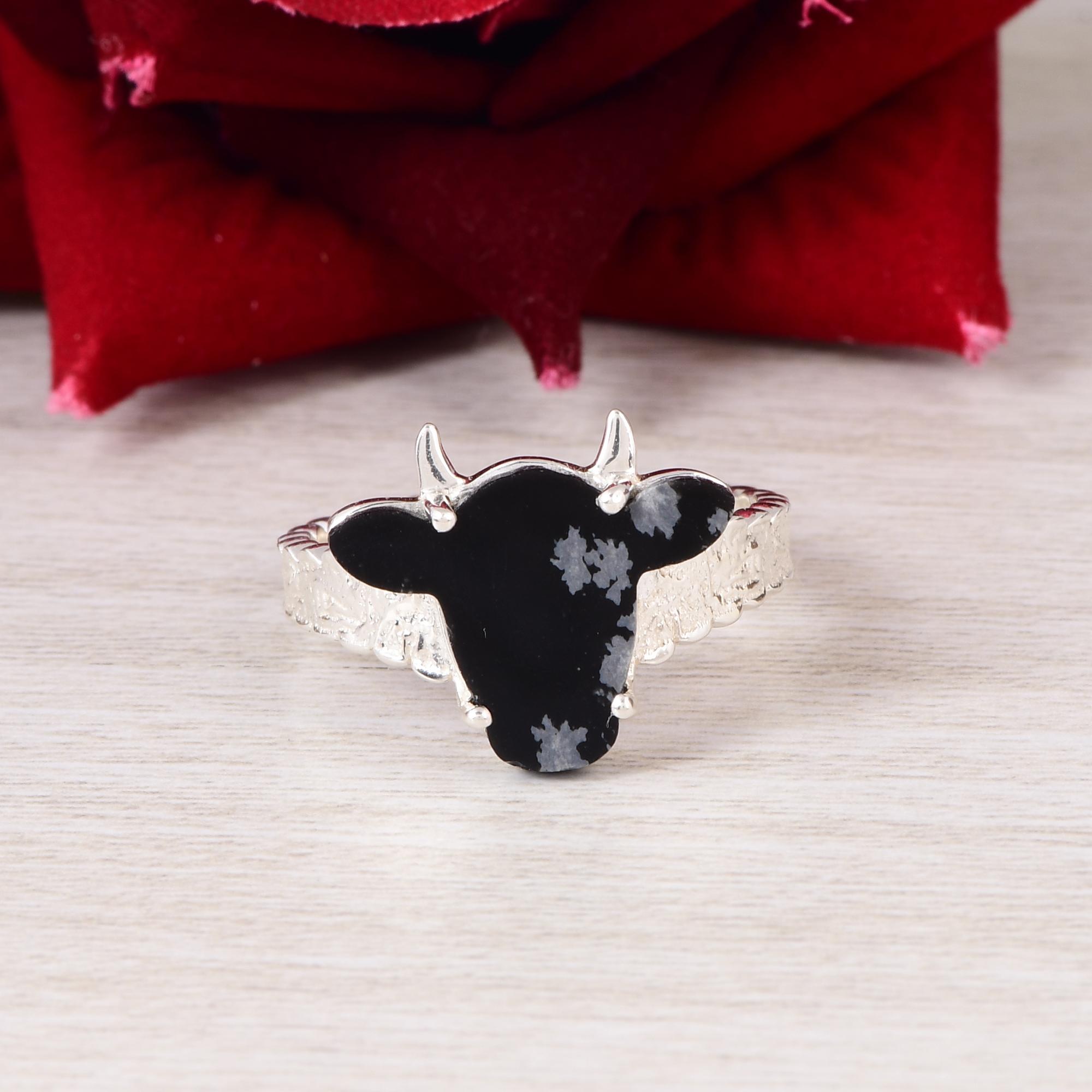 Snowflake Obsidian Cow Head Ring, 925 Sterling Silver Ring, Natural Black Snowflake Obsidian Statement Ring, Western Bull Head Jewelry 5