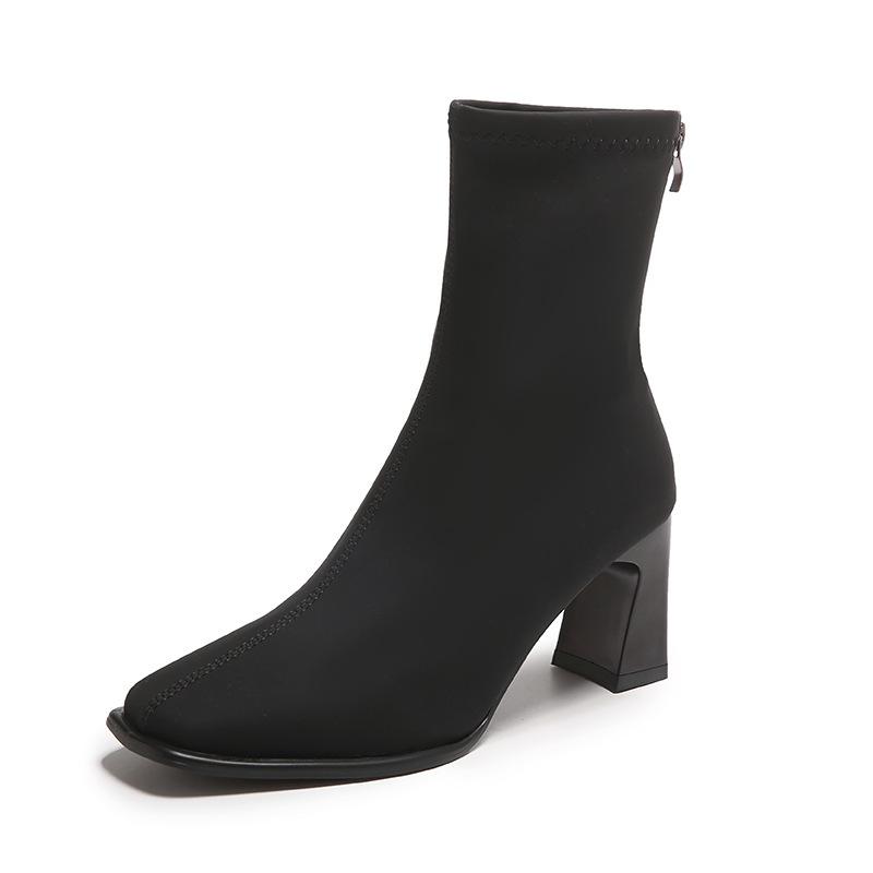 Martin Boots Women's Autumn 2025 New Square Head Thick Heel Elastic Zipper Thin Boots High Heels Short Boots Women's Boots