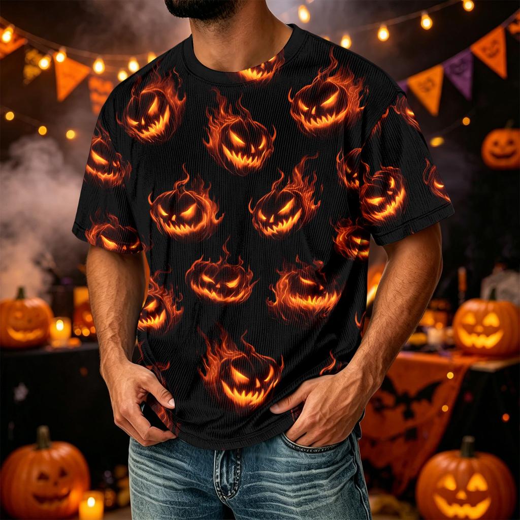 Men's Casual Corduroy Short Sleeve T-Shirt Lightweight Breathable Round Neck Halloween Pumpkin Print Top Comfortable Fit