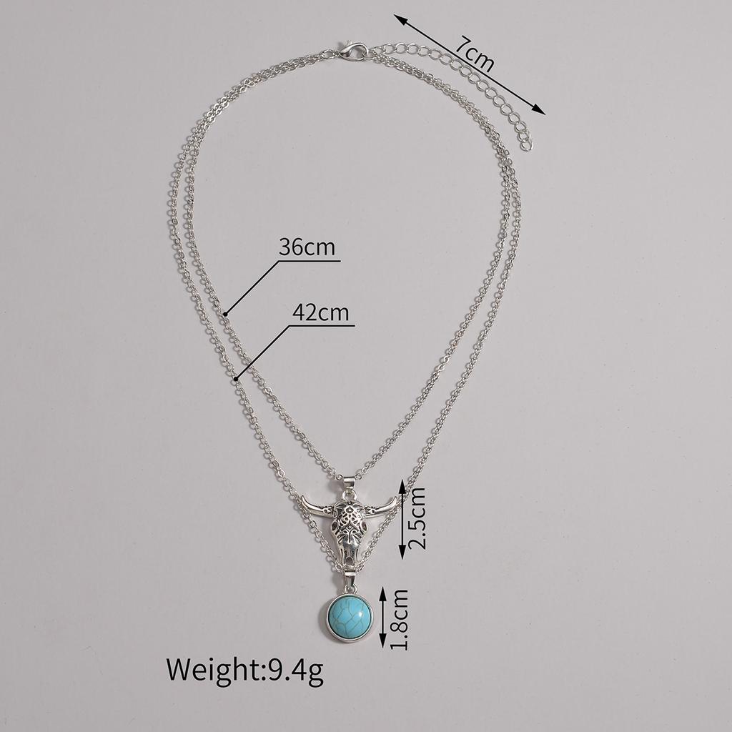 Fashionable Lake Water Turquoise Animal Cow Pendant Double Layer Necklace for Men and Women Trend Exquisite Leisure Jewelry