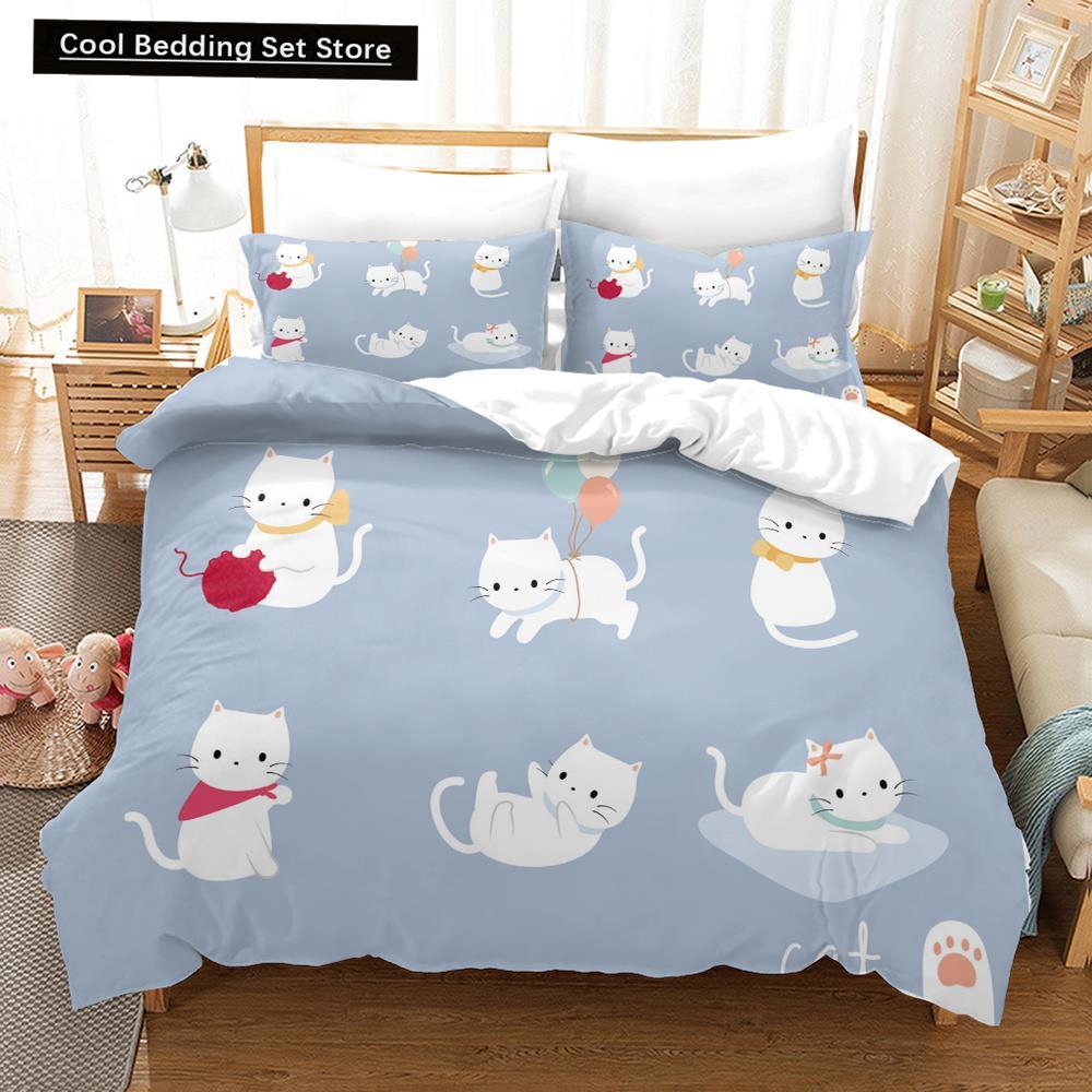 Cartoon Cat King Full Queen Duvet Cover Lovely Pet Kitty Bedding Set Animal Quilt Cover 2/3pcs Purple Polyester Comforter Cover