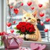 Alla hjärtans dag Katt Fönsterdekaler Söt Katt som Håller Rosbukett Dubbelsidiga PVC-klistermärken Stora Glasdekaler för Bröllopsdag Festdekoration