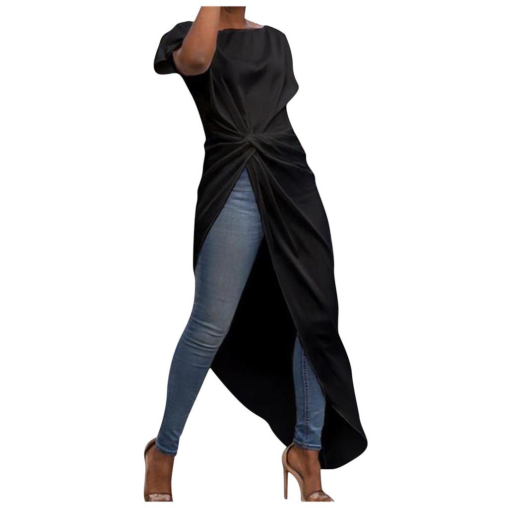 Femme Bord Asymétrique Couleur Col Rond Ample Manches Courtes