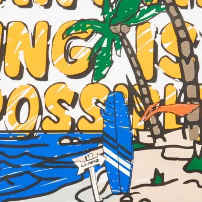 Li-Ning Letter Beach Print Round Neck Pullover Short Sleeve T-Shirt Summer Cool Fashion Shorts Casual Sports Suit AHSU707-2+AKST543-3