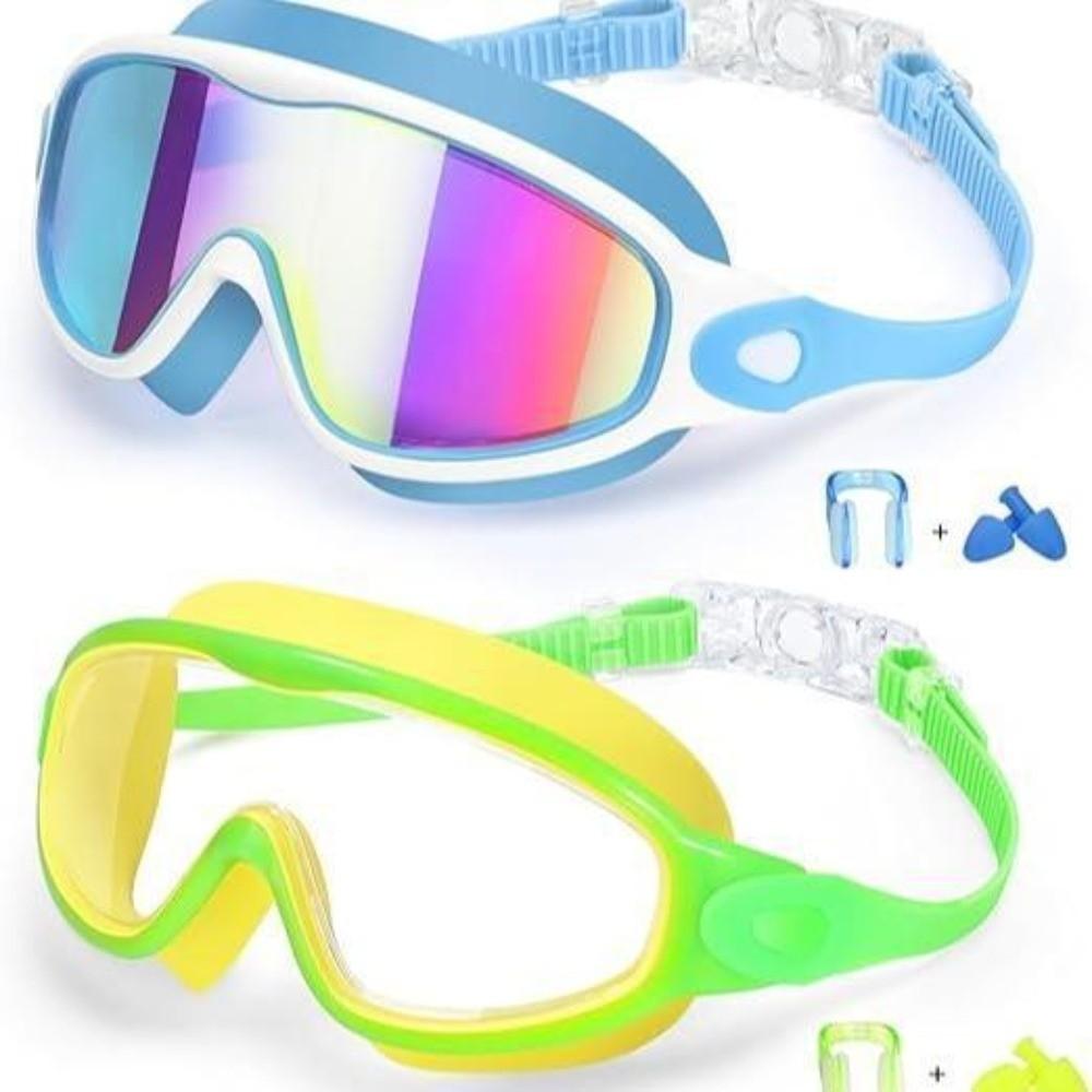 2 Pack Attached Earplugs Kids Swim Goggles Adjustable Comfortable Anti Fog Goggles Anti-UV with Nose Clip Waterproof Goggles