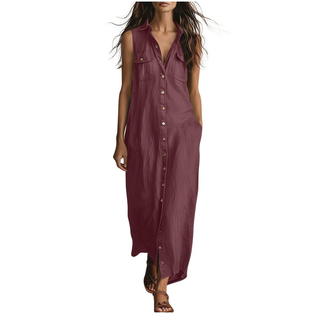 Women's Fashionable Lapel Button Loose Bohemian Vacation Beach Dress With Pockets