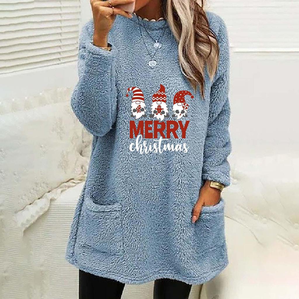Damen Weihnachtsdruck Rundhals Locker Langarm Tasche Plüsch Hoodie