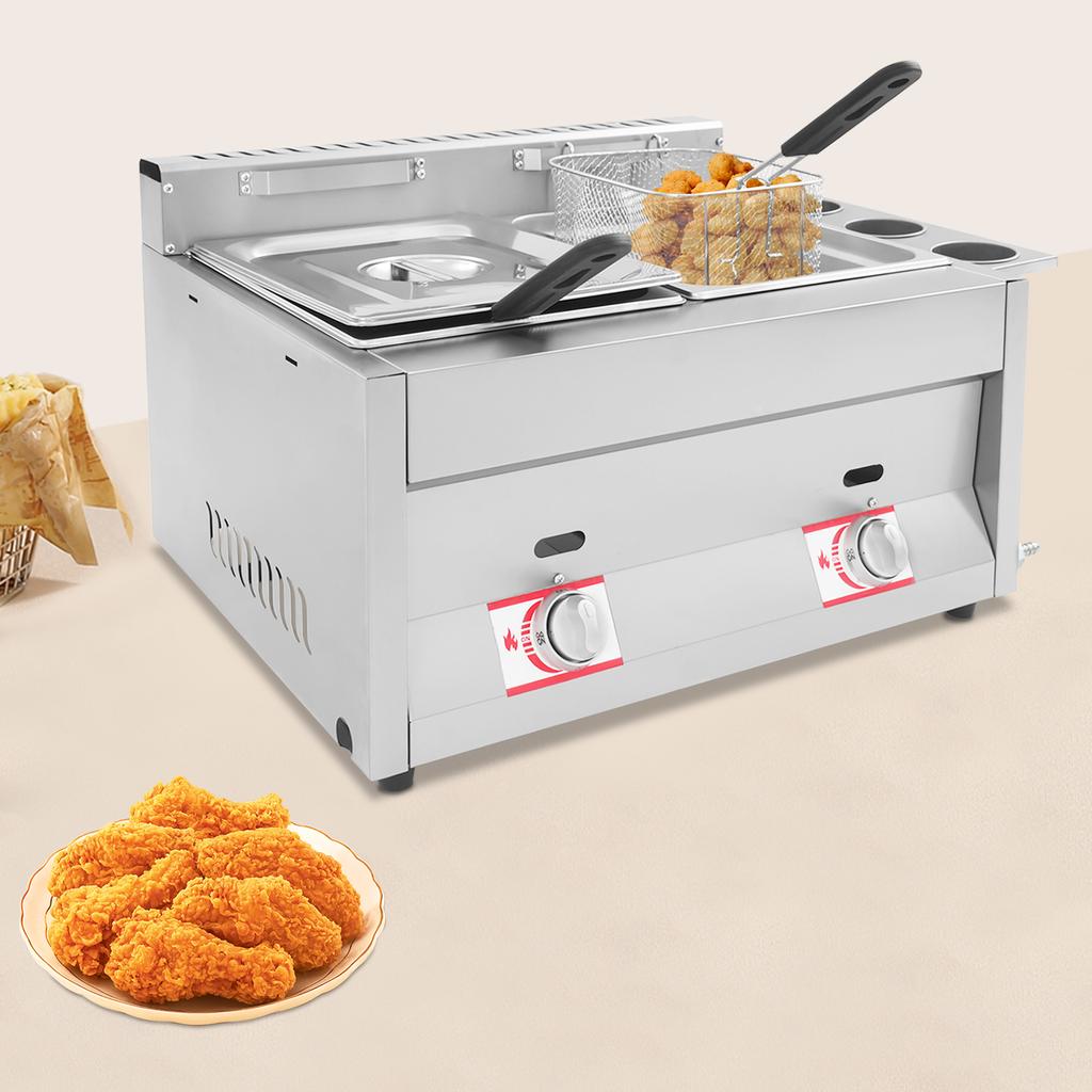 6L Gas Deep Fryer with Basket and Lid Stainless Steel Commercial Dual Tank Deep Fryer 50-380°C Used To Fry French Fries, Chicken