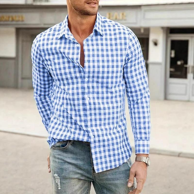 Men Casual 3d Digital Print Plaid Turn Down Collar Long Sleeve Breathable Shirt