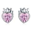 Silver Pink HEARTS In Crowns Stud Earrings, Silver 925