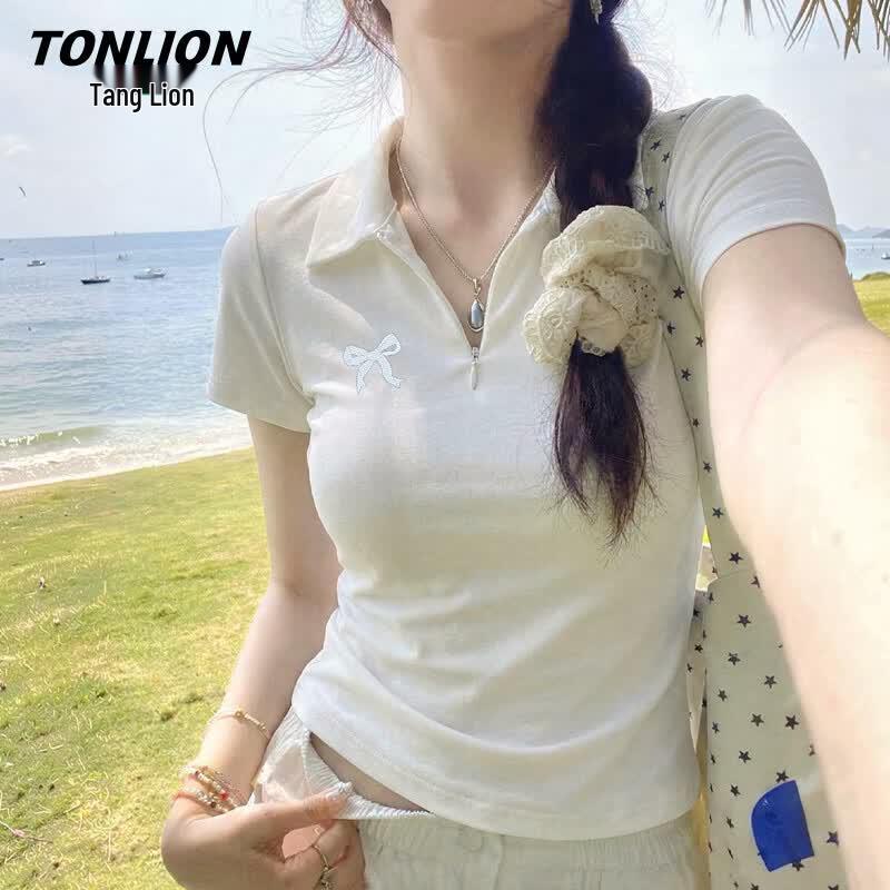 TonLion Women s Slim Fit Plaid Bow Polo T-Shirt L