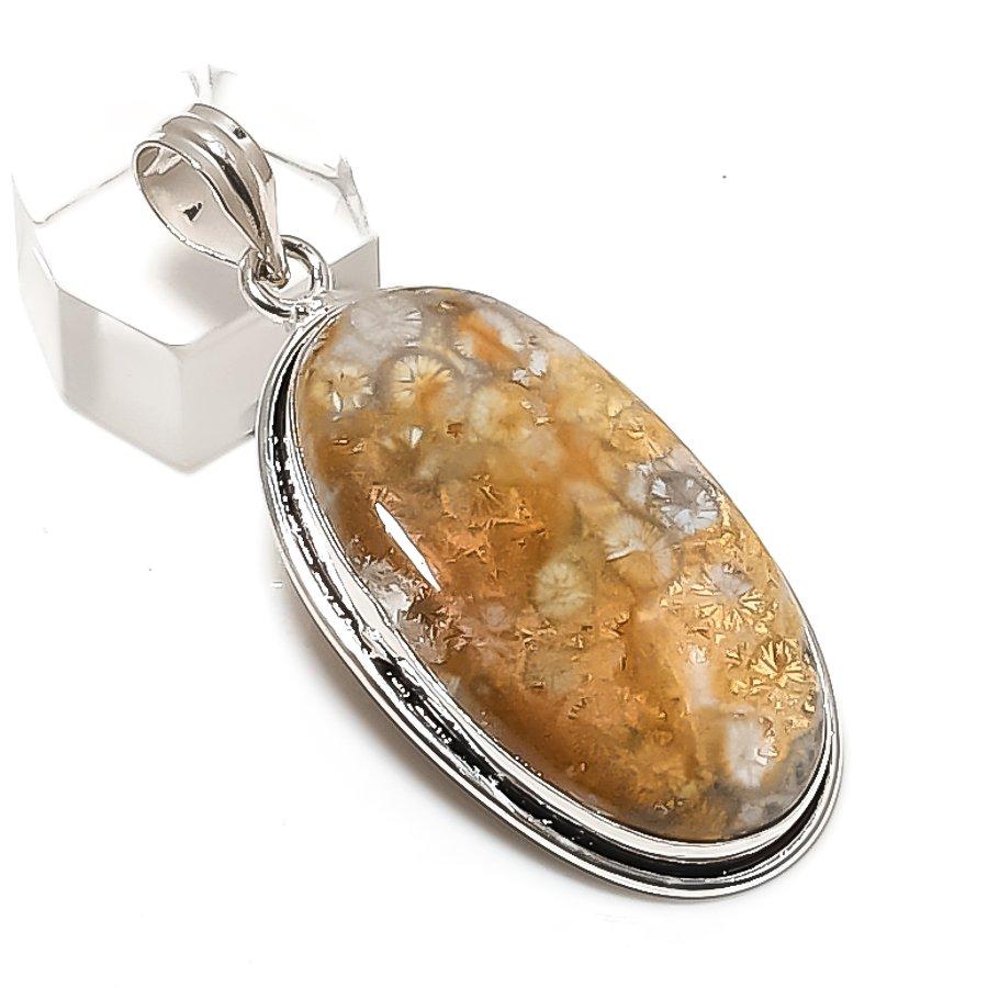 Fossil Coral Gemstone Handmade 925 Sterling Silver Jewelry Pendant 2.29" s7f60
