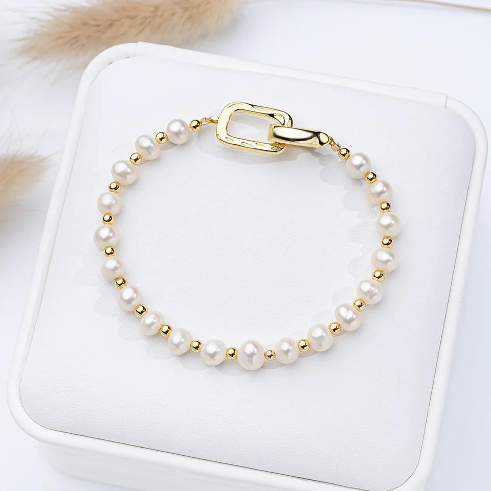 5-6mm Baroque Freshwater Pearl Bracelet for Women Girls Heart Rectangle clasp 16cm+3cm 18k Gold Adjustable Bracelet Jewelry Gift
